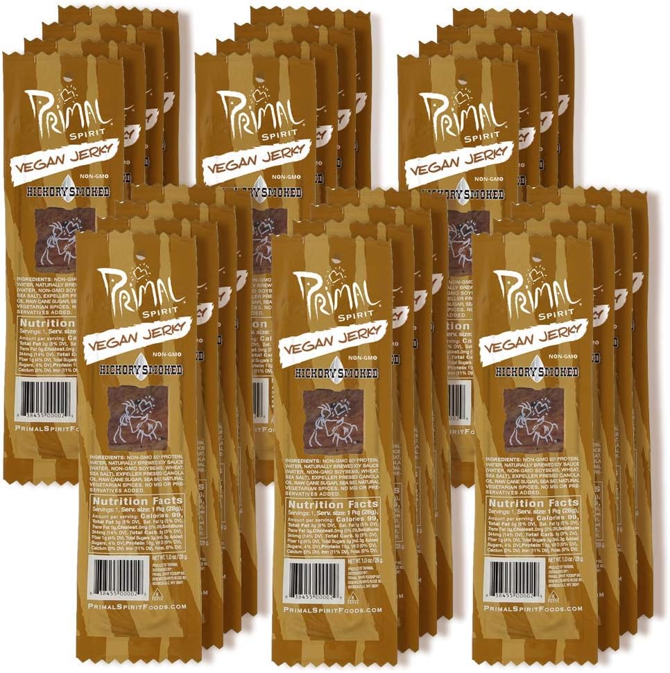 Primal Spirit Vegan Jerky – “Classic Flavor” – Hickory Smoked, 10 g. Plant Based Protein, Certified Non-GMO, No Preservatives, Sports Friendly Packaging (24 Pack, 1 oz)