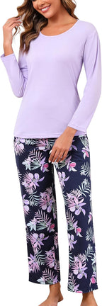 PNAEONG Women's Cotton Long-Sleeve Tops and Full-Length Pajama Set Two-Piece Pjs with Pockets SY008