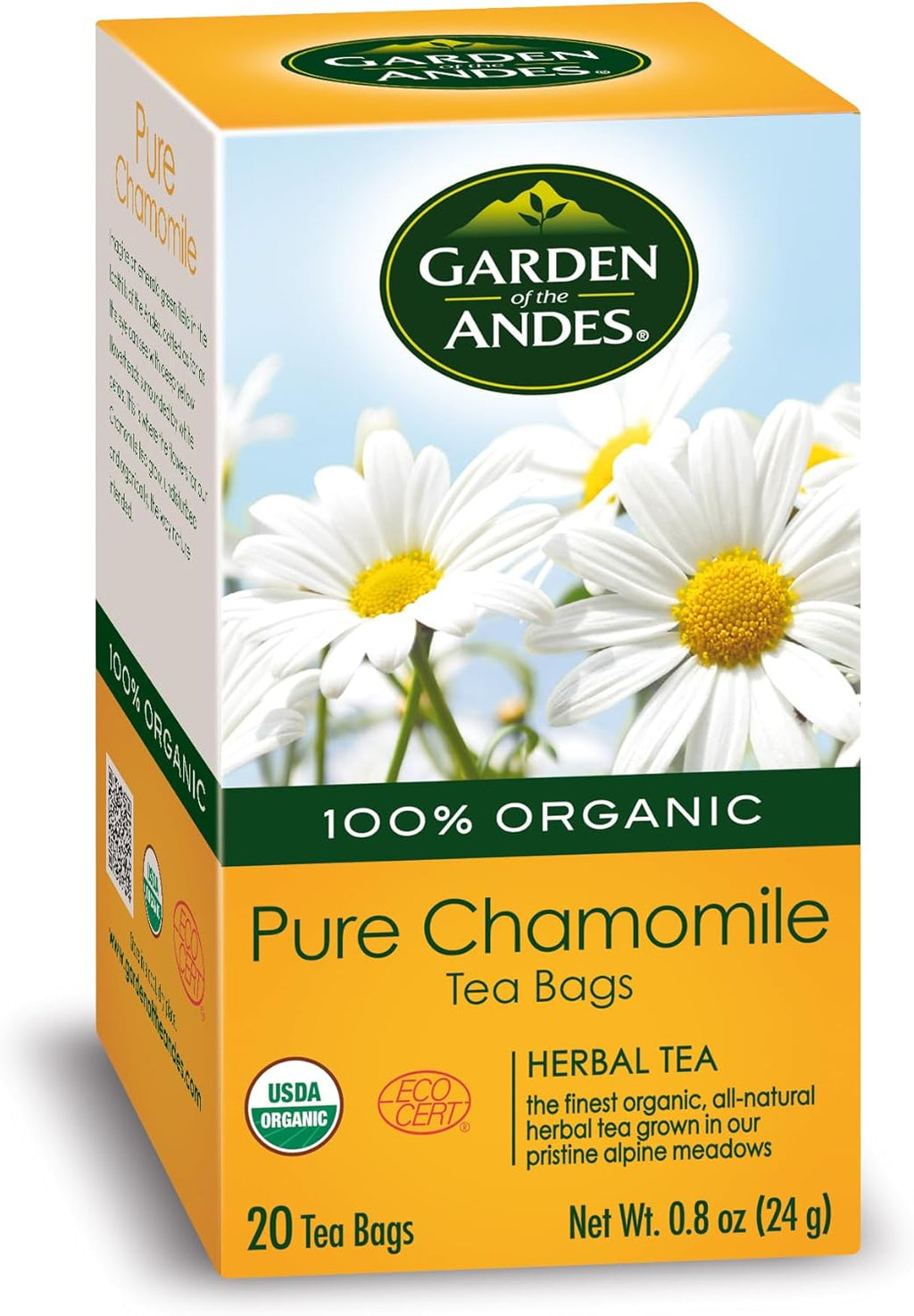 Garden of The Andes - Pure Chamomile Herbal Tea - 20 Individually Wrapped Tea Bags - Caffeine Free - USDA Organic - Handpicked Andes Flowers - Dual-chamber glue-free bags