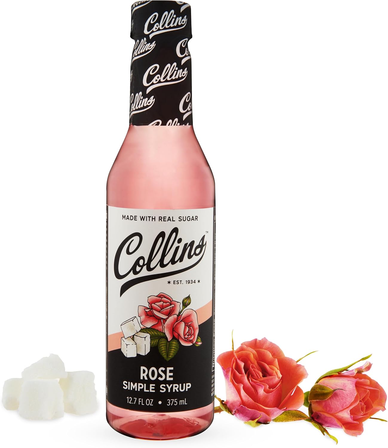 Collins Rose Syrup - Rose Flavor Simple Syrup - Real Sugar Cocktail Syrups - Soda Water Flavors, Cocktail Mixers - 12.7oz Set of 1