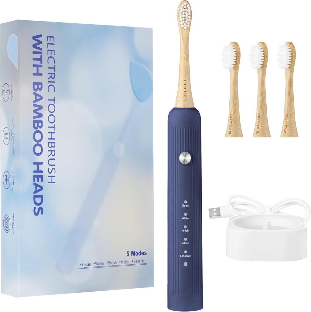 Bamboo Electric Toothbrush for Adults，Sonic Electric Toothbrush with 4 Bamboo Heads, Soft Castor Oil Bristles, 5 Modes, Smart Timer, Sonic Technology, IPX7 Waterproof, 70-Day Battery Life-Navy