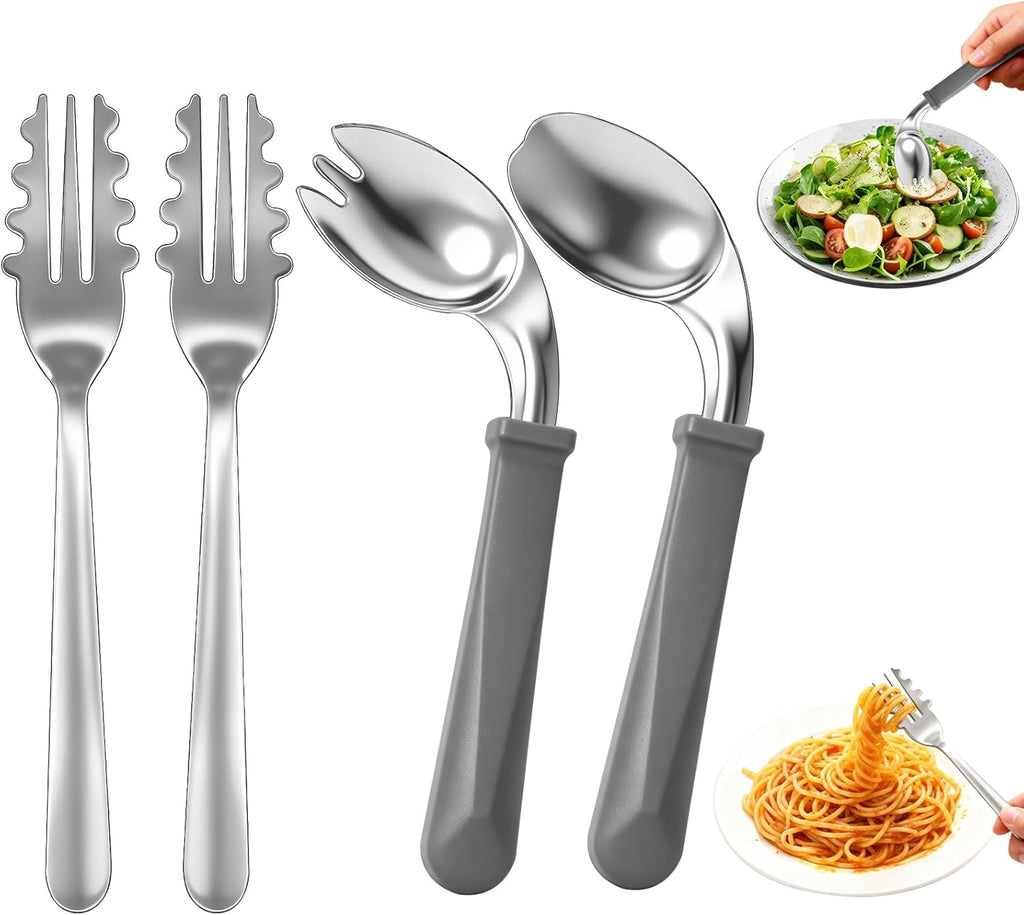 Adaptive Utensils(2 Pcs Forks and 2 Pcs Spoons),Parkinsons Utensils, Non-Slip Handles, Silverware for Hand Tremors, Elderly, Arthritis, Parkinsons, 304 Food Grade Stainless Steel