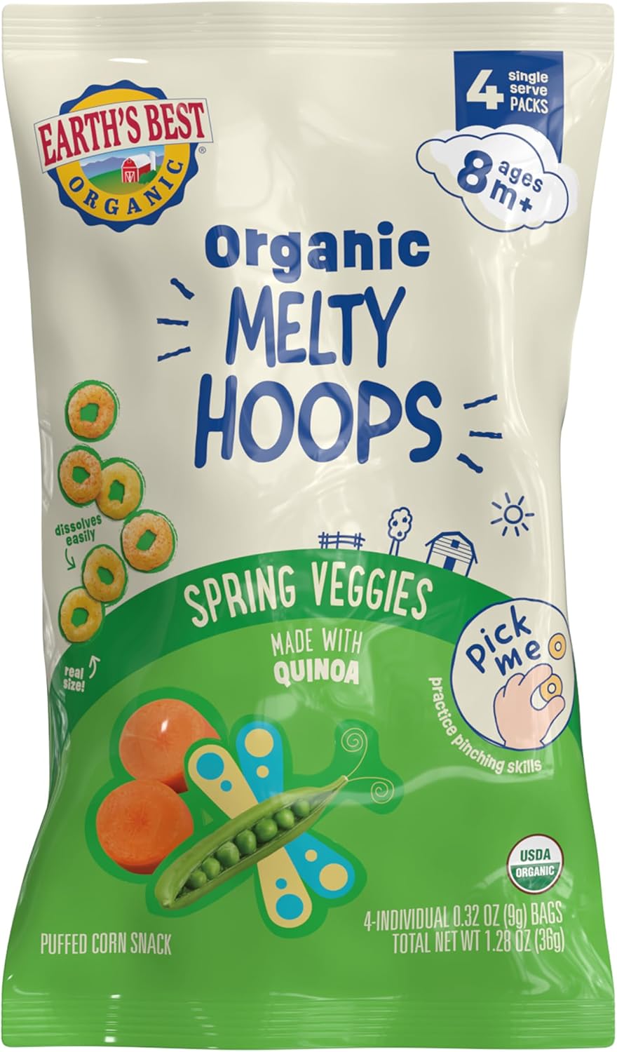 Earth's Best Organic Melty Hoops, Bite-Sized Snacks for Babies 8 Months and Up, Spring Veggie, 0.32 Ounce Individual Bags (Pack of 4)