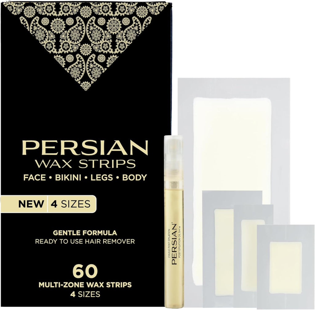 Persian Multi-Zone Cold Wax Strips | 4 Sizes, 60 Strips | Pre-Lined for Face, Legs, Body, Bikini & Underarms | Hair Removal Waxing Kit with Aftercare Oil | Easy, Ready-to-Use | All-Natural Ingredients