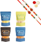 Jaiccha Ghasitaram Rakhi Gifts for Brothers - Best of 4 Chiwdas Basmati, Makai, Papad and Nachini Chiwda Pouches with 2 Rudraksh Rakhis