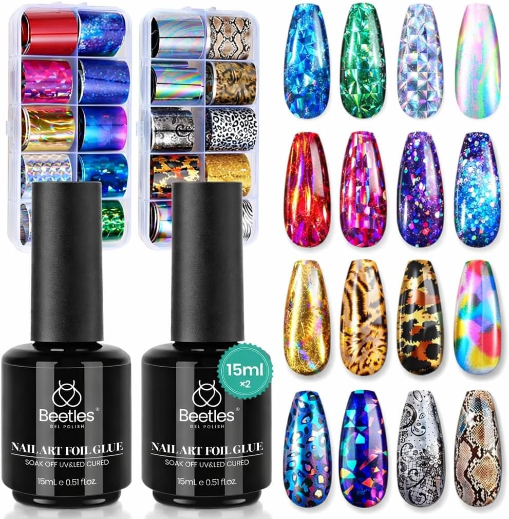 Beetles Nail Foil Art Kit, 20 Pcs Nail Foils Transfer with 30ml Nail Foil Glue Gel for Nails - Metal Holographic Leopard Stickers Gels Nail Polish Set LED Lamp Required Soak Off Manicure Nails Art DIY