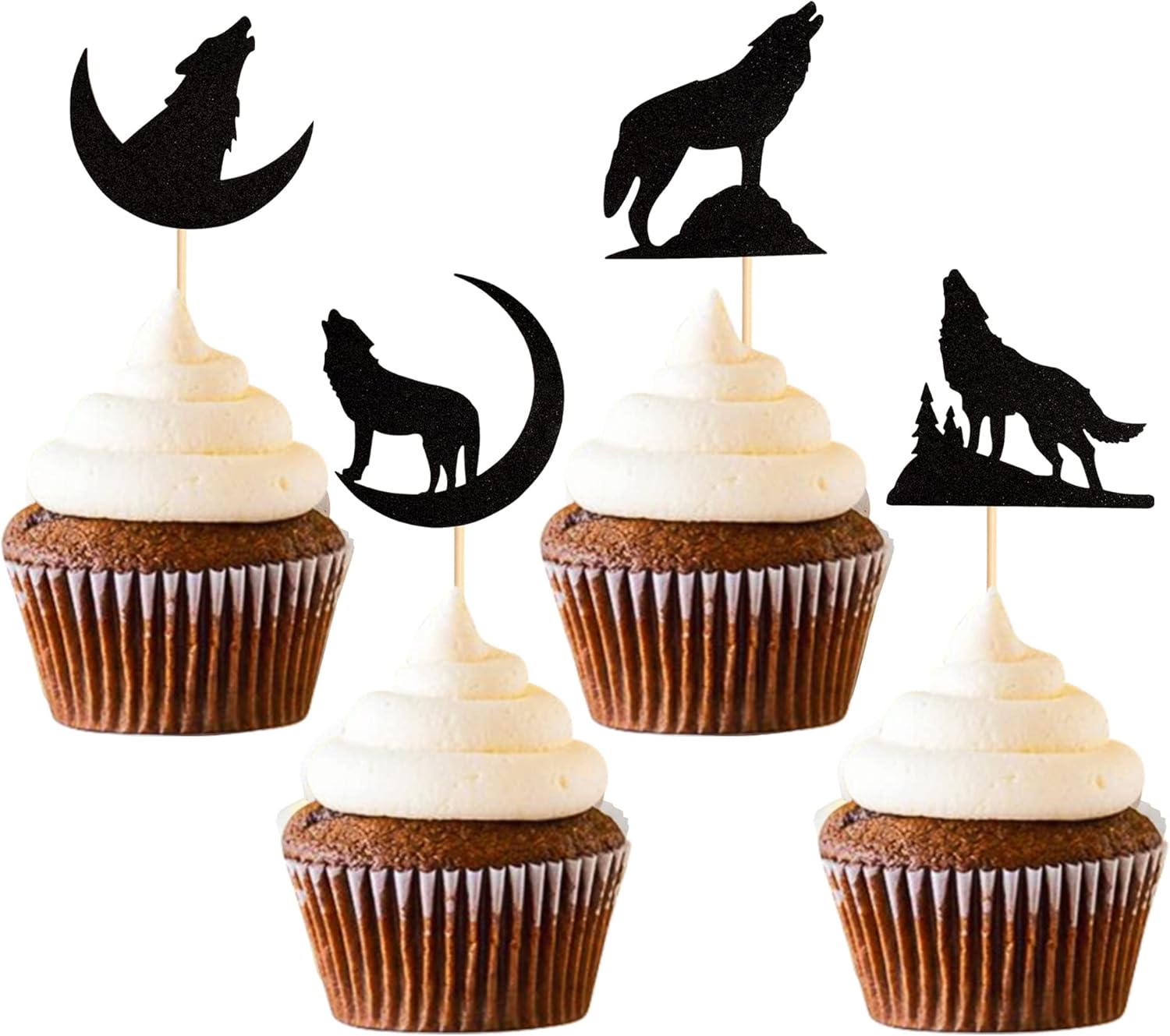 Pack of 24 Black Wolf Silhouette Glitter Cupcake Topper Wolf Cupcake Toothpick Flags Animal Theme Birthday Wedding Party Decoration