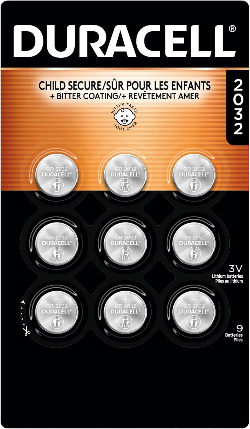 Duracell 2032 Lithium Battery, 9 Count (Pack of 1), Compatible with AirTag, Child Safety Features, Key Fob, CR2032 3V Cell