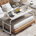 BYMECOST Laptop Desk for Bed, Adjustable Height & Length Laptop Bed Table,Overbed Table with Wheels for Queen Size Beds,Rolling Standing Desk,Over Bed Desk for Working Reading Eating (White)