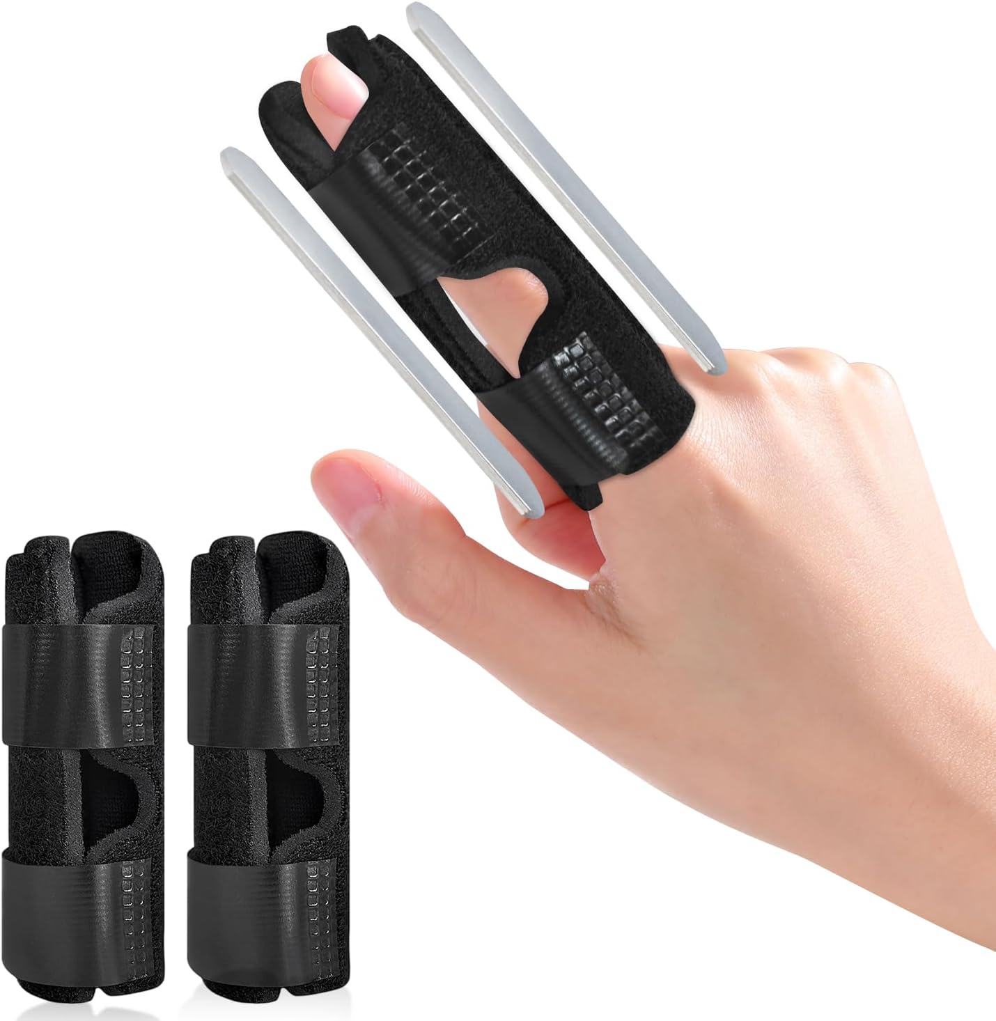 2 Pcs Finger Splints, Trigger Finger Splint Built in 2 Aluminum Bar Mallet Finger Support Brace Finger Straightener for Arthritis Pain Relief & Broken Knuckle Immobilisation (Black)