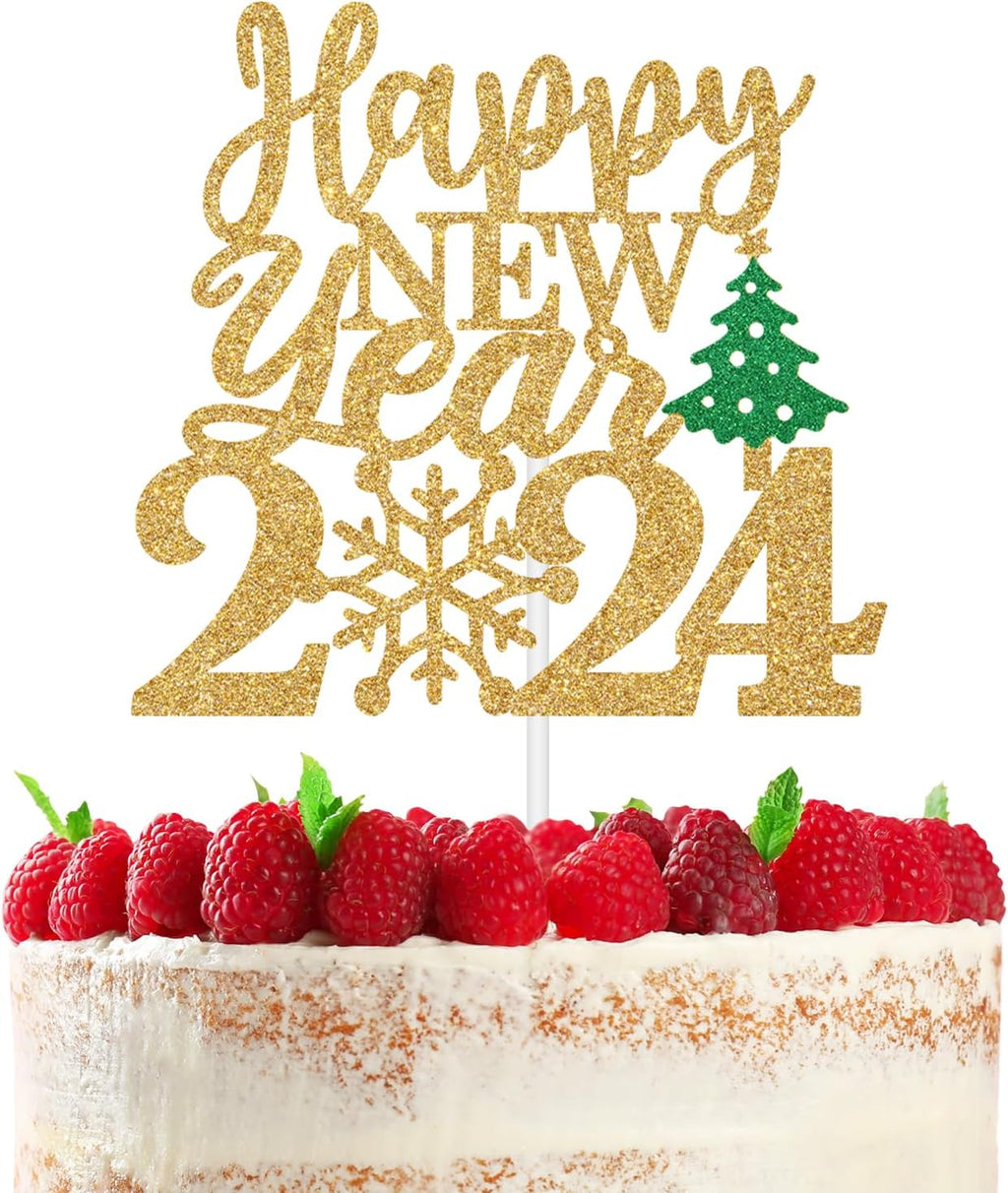 Happy New Year 2024 Cake Topper, Cheers and Beers to New Year Eve Cake Decorations, Goodbye 2023 Hello 2024, Glittery Welcome New Year Party Decorations