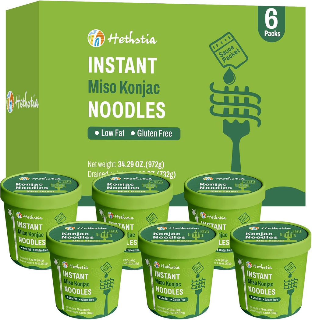 Hethstia Konjac Noodles Miso Soup Cup, Low Carb Instant Shirataki Noodle, 6 Packs, Vegan, Gluten-Free, Fat-Free, Low-Calorie, Keto, Ready to Eat, Quick Healthy Asian Ramen Meal