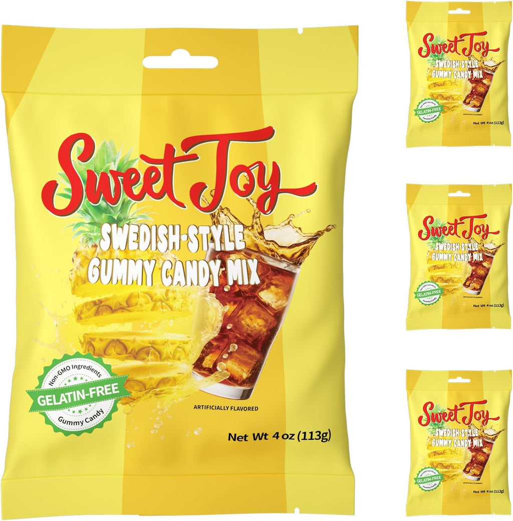 SweetJoy Swedish-Style Gummy Candy Mix, Non-GMO, Gelatin-Free, and Pineapple, Cola, Soda Flavored Candy with Sour Powder, 16oz Total (4 Bags × 4oz), Value Pack Perfect for Birthdays, Halloween, Parties, Travel, Kids and Adults