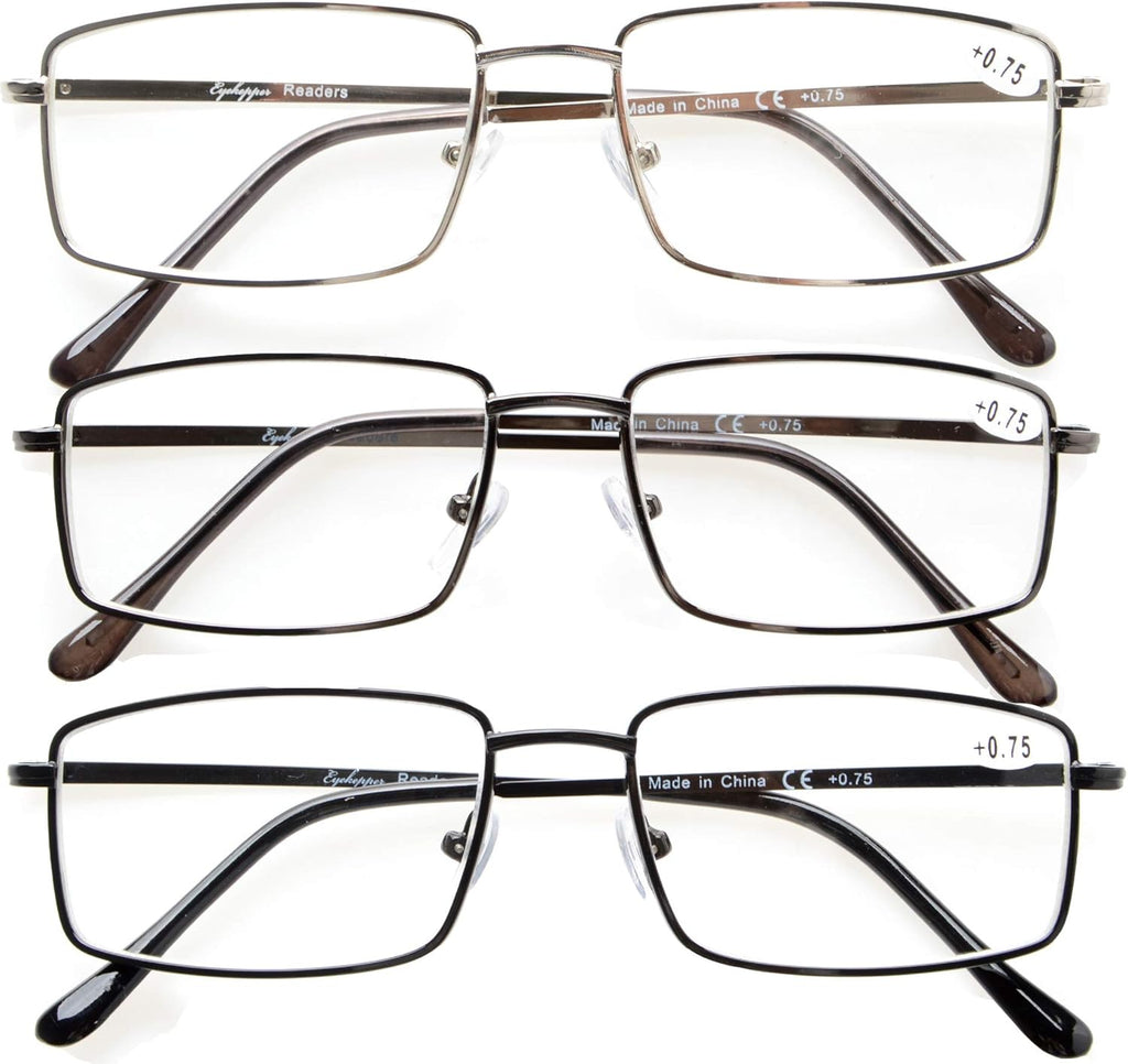 CessBlu Reading Glasses 3 Pairs Rectangular Spring Hinge Reader Eyeglasses for Men Reading +2.75