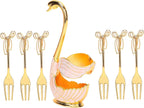 Tbest Cutlery,Tableware Sets Coffee Fruit Dert Spoons Household Tableware with Holder Decoration (Gold + fork)