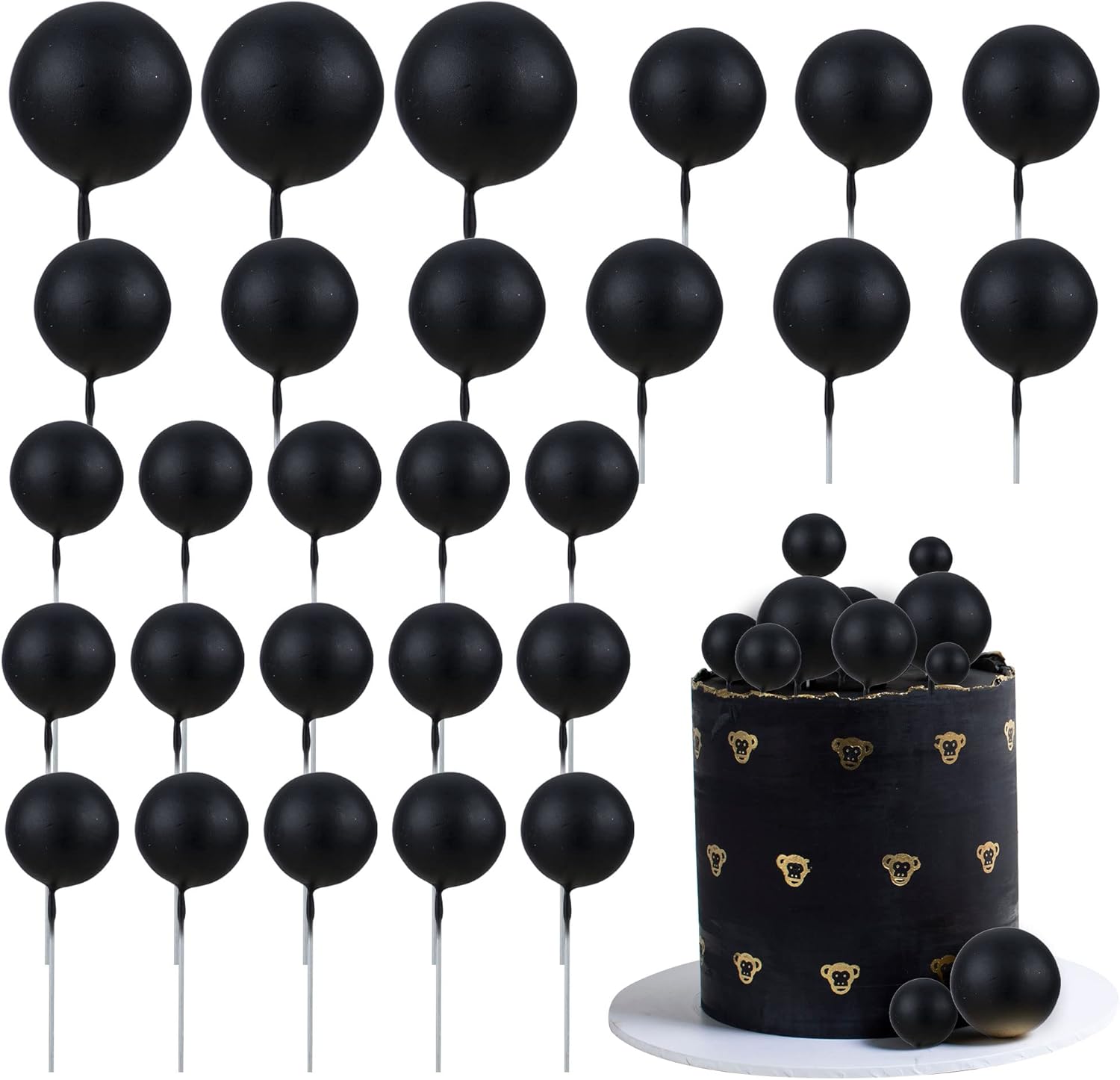 Gyufise 30Pcs Mini Balloon Cake Topper Foam Ball Cake Picks Cupcake Faux Pearl Balls DIY Cake Insert Topper Decoration for Anniversary Graduation Birthday Party Baby Shower Black
