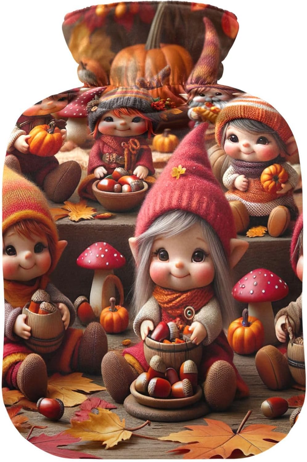 Cute Autumn Gnomes Hot Water Bottle with Soft Cover Bed Hand Feet Warmer Winter Gift Hot Water Bag for Neck and Shoulder Pain Relief, 1 Liters