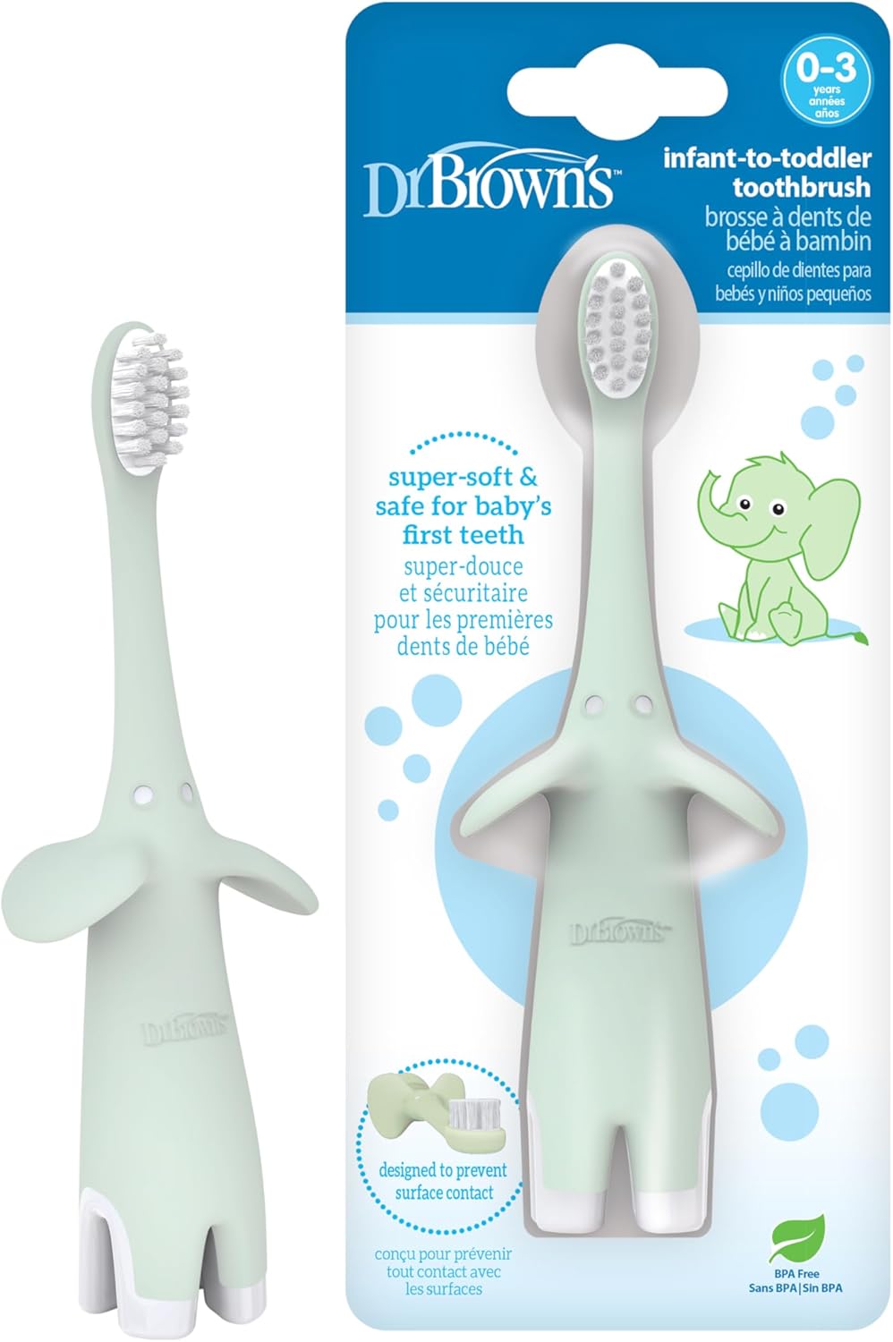 Dr. Brown's Infant-to-Toddler Toothbrush, Elephant, Mint, 0-3 Years