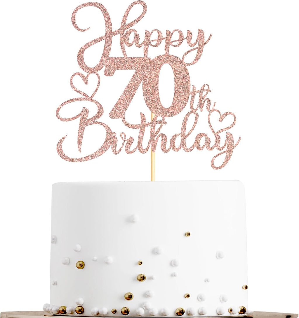 Sotpot 1 Pack 70th Birthday Cake Topper Double-sided Rose Gold Glitter Cake Pick Cake Decoration for Happy 70th Birthday Anniversary Party Decorations