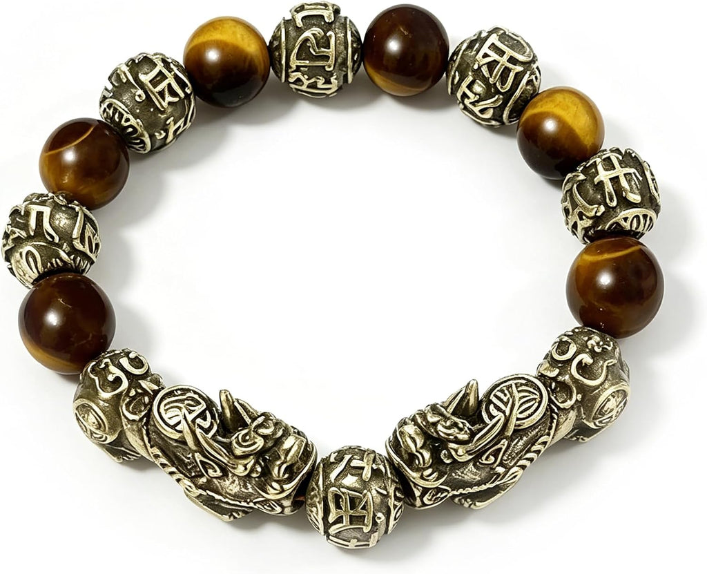 LIYAPEI Natural Feng Shui Healing Tiger Eye Stong Crystal Beads Bracelets for Men Adjustable Vintage Copper Amulet Jewelry for Luck, Wealth and Protection