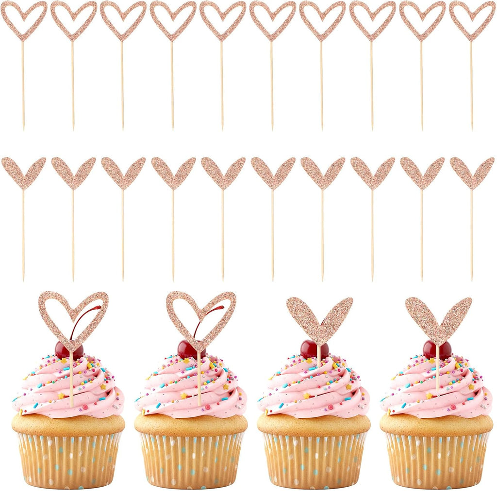 24 Pack Mini Love Heart Cupcake Toppers, Rose Gold Glitter Cake Picks for Valentine's Day Wedding Bridal Shower, Small Heart Shaped Dessert Toppers Engagement Party Decorations