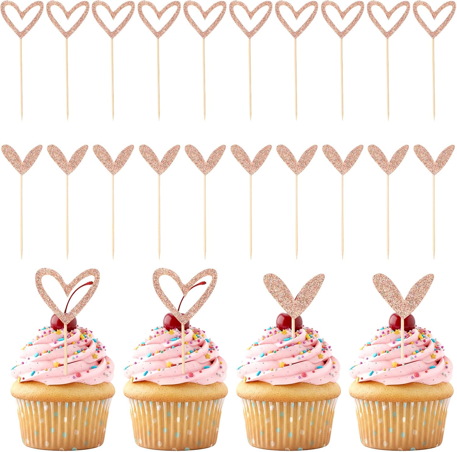 24 Pack Mini Love Heart Cupcake Toppers, Rose Gold Glitter Cake Picks for Valentine's Day Wedding Bridal Shower, Small Heart Shaped Dessert Toppers Engagement Party Decorations
