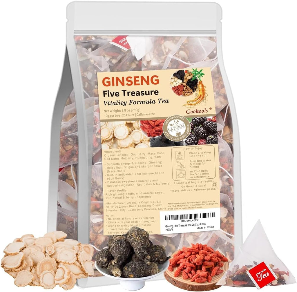 Kidney Tea Ginseng Five Treasure Tea Chinese Herbal Formula Ginseng Six Treasure Teabags for Men & Women with Maca Root, Goji Berries, Red Dates