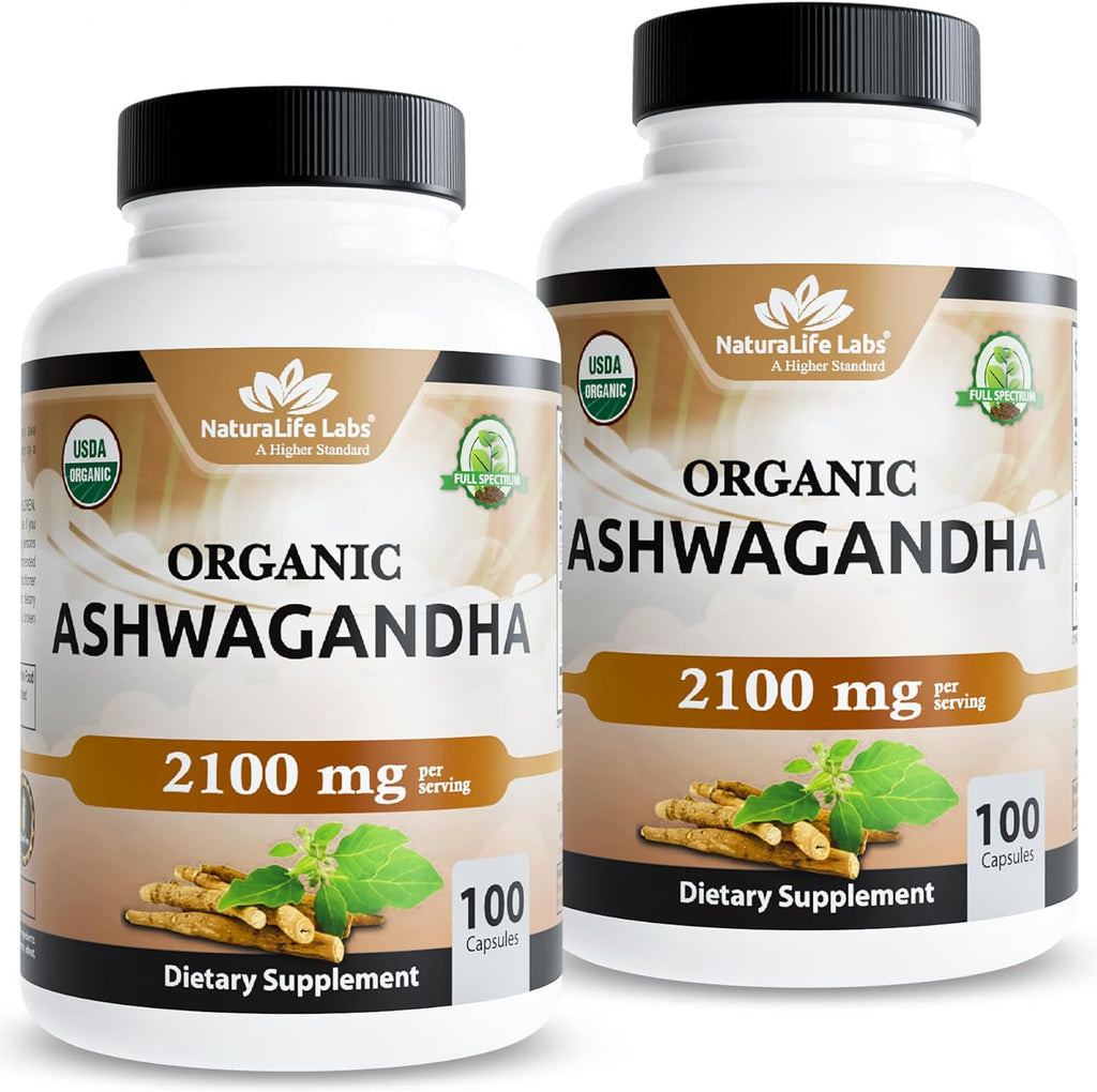 NaturaLife Labs Organic Ashwagandha 2100 mg per Serving – Herbal Supplement Root Powder & Extract – 100 Capsules – Vegan, Non-GMO, Gluten-Free (2 Pack)