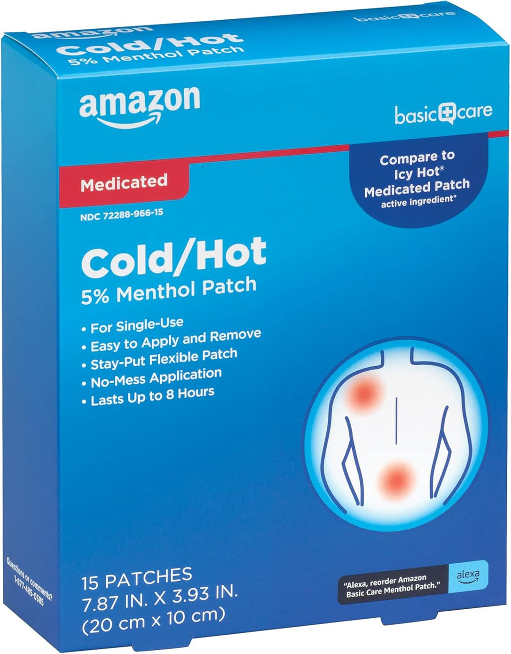 Amazon Basic Care Maximum Strength Pain Relieving Medicated Cold Hot 5% Menthol Patch for Muscle and Joint Pain Relief, 7.87" x 3.93", 15-Count Box (Previously HealthWise)