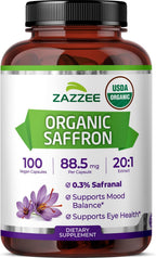 Zazzee USDA Organic Saffron 20:1 Extract, 88.5 mg, 0.3% Safranal, 100 Vegan Capsules, 3+ Month Supply, Concentrated and Standardized 20X Extract, Non-GMO, All-Natural, Made in the USA