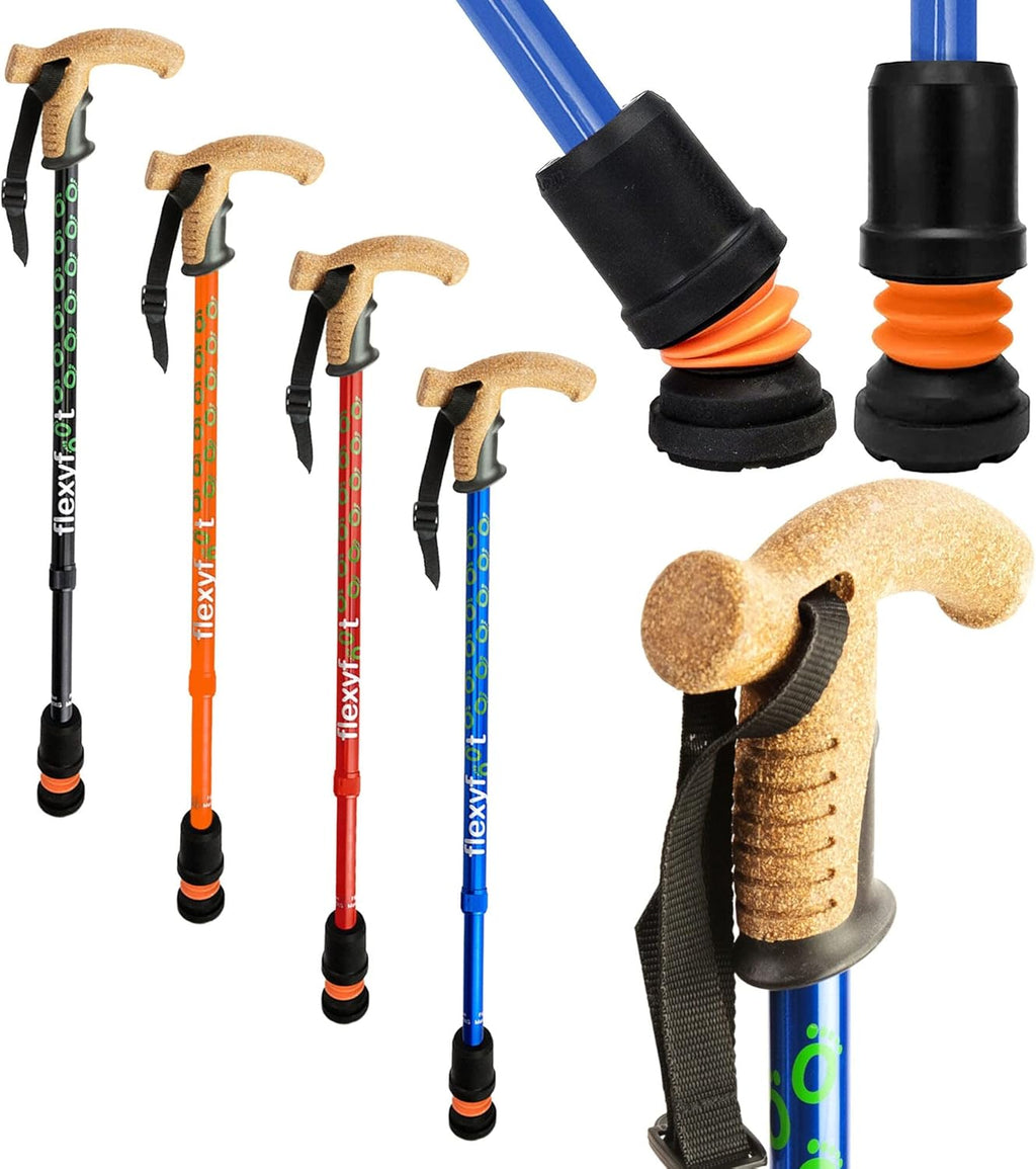 Flexyfoot Shock Absorbing Cork Handle Telescopic Walking Stick - Improves Safety, Improves Grip, Reduces Shocks & Jarring