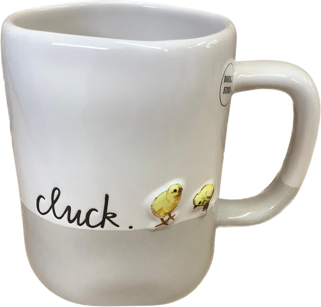 Rae Dunn Cluck Coffee Mug, 14 oz, Farmhouse Style with Chicks & Chickens, White/Beige Colorblock