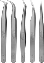 Eyelash Extension Tweezers - 5 PCS of Lash DIY Precision Set, Curved Volume Lash Tweezers - Cluster Application and Removal of Eye Lashes Extensions Stainless Steel