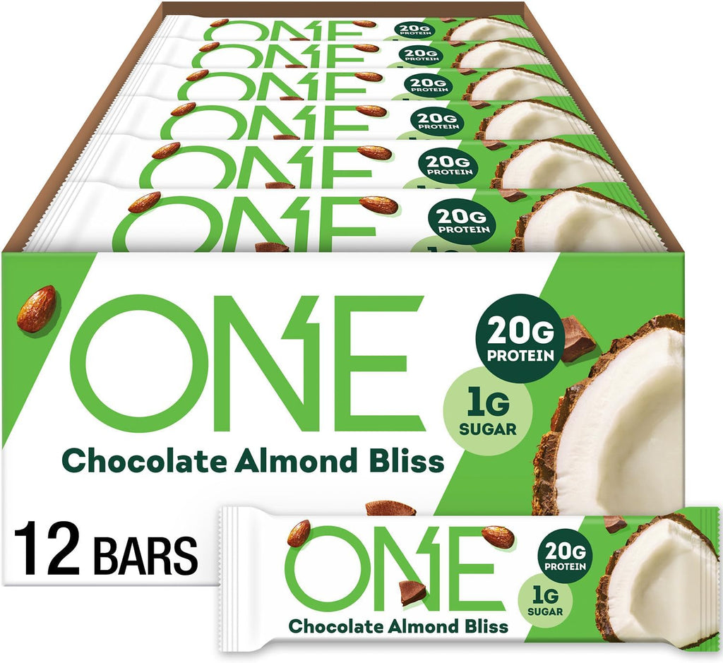 ONE Protein Bars, Chocolate Almond Bliss, Gluten Free with 20g Protein and 1g Sugar, Pantry Staples, 2.12 oz (12 Pack), Packaging May Vary