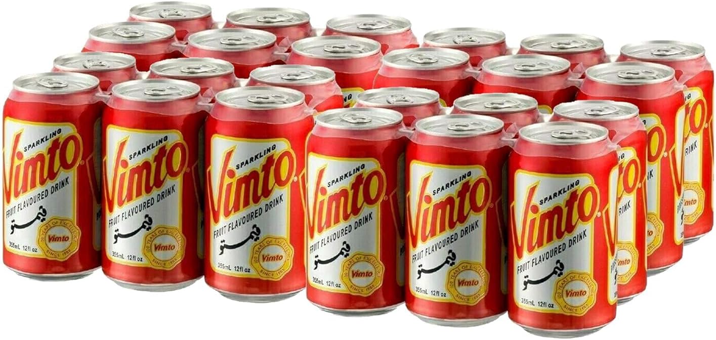 Vimto Sparkling Fruit Flavored Drink – Soda with Natural Black Cherry, Raspberry, Black Currant – Middle Eastern Formula – Perfect for Ramadan, Celebrations – Refreshing Beverage, 12 fl oz (Pack of 24)