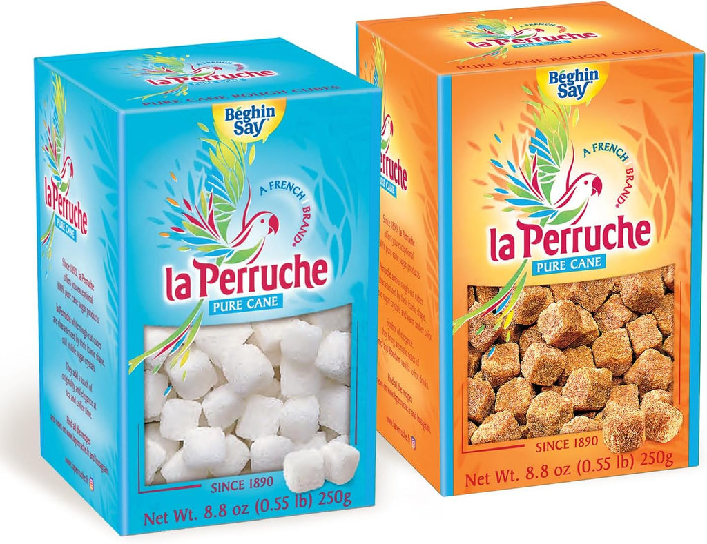 La Perruche Pure Cane Sugar Cubes (250g/8.8oz) | Combo Pack, 1 box white, 1 box brown sugar cubes | Ideal Sugar Cubes for Coffees and Teas | Pack of 2