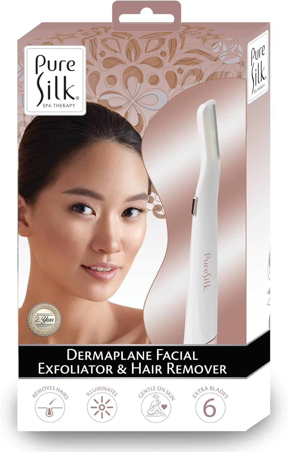 Pure Silk Dermaplaning Tool, Facial Exfoliator & Hair Remover for Women, Battery Operated Dermaplane Razor with Built in LED Light and 6 Replacement Heads, Peach Fuzz Remover, White
