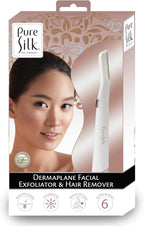Pure Silk Dermaplaning Tool, Facial Exfoliator & Hair Remover for Women, Battery Operated Dermaplane Razor with Built in LED Light and 6 Replacement Heads, Peach Fuzz Remover, White