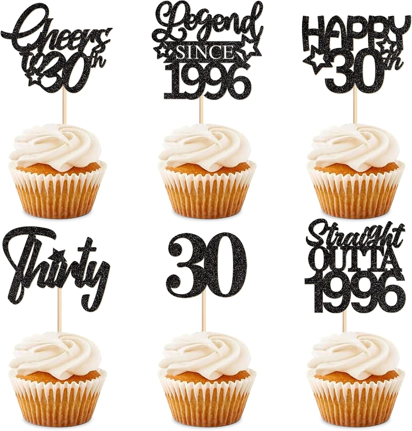 24Pcs Glitter Black Cheers to 30 Cupcake Toppers Straight Outta 1996 Legend Since 1996 Happy 30th Thirty Cupcake Picks for 30th Birthday Wedding Anniversary Party Cupcake Decoration