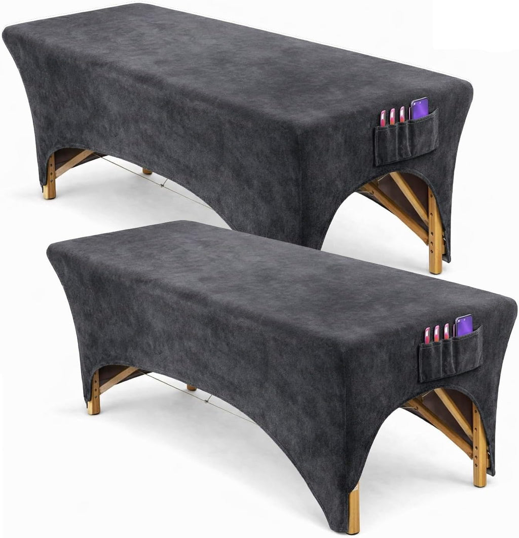 2 Pk of Velvet Stretchy Massage Bed Table Sheet Cover for Lash Bed or Massage Table with Pocket and Cut-Out for Leg RooM (Dark Gray Velvet)