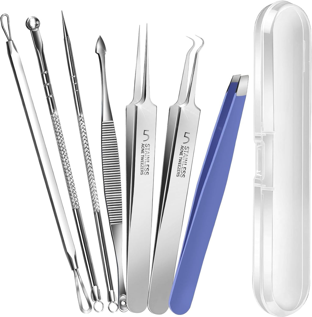 Teenitor 7 Pcs Pimple Popper Tool Kit, Surgical Grade Blackhead Remover Tools, Ingrown Hair Tweezers, Blackhead Extractor Pimple Extractor, Black Head Remover for Face