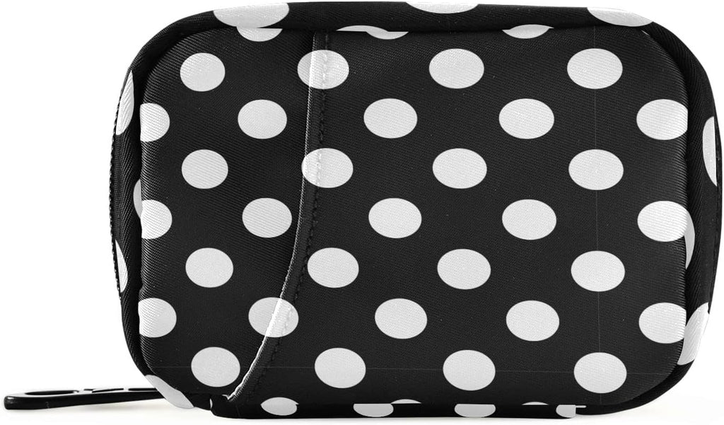 Polka Dot Black Pill Organizer Case Modern 7 Day Travel Pill Box with Zipper Portable Weekly Vitamin Medicine Supplement Holder Pouch Bag