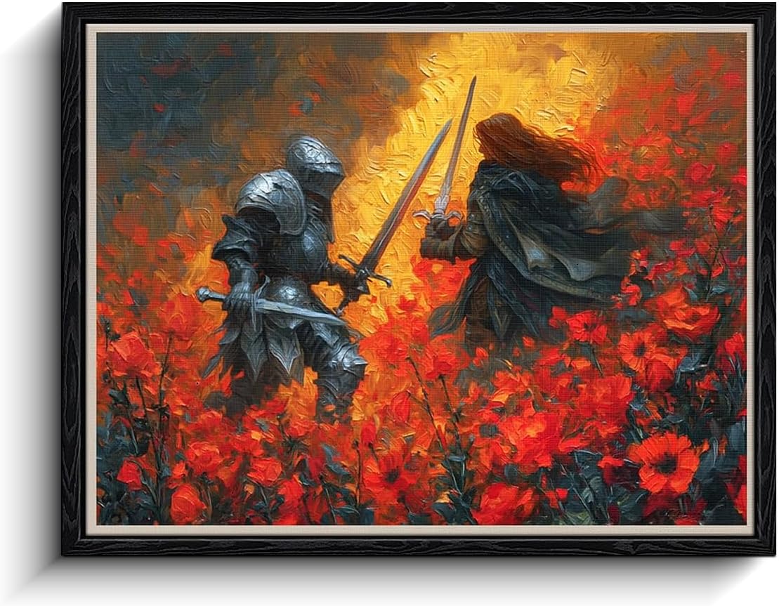 WOXZQ Epic Fantasy Knight Duel in Red Flower Field Elden Ring Inspired Battle Scene Wall Art Print for Gamer Room Decor Canvas Illustration 15x12 Inch