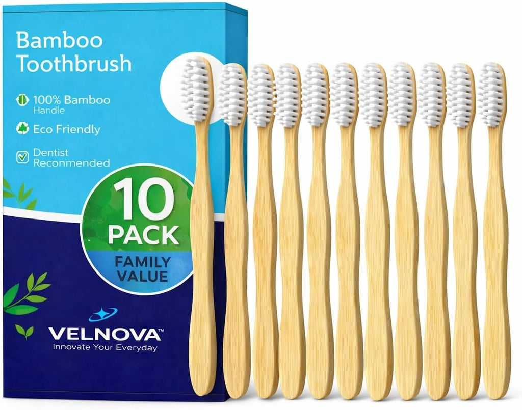 Pure Bamboo Toothbrushes (10 Pack) – Soft BPA-Free Bristles, Eco-Friendly Biodegradable Wooden Handle, Vegan & Plastic-Free Toothbrush for Adults & Kids, Sustainable Oral Care