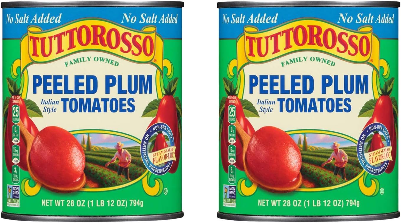 Tuttorosso No Salt Added Peeled Plum Canned Tomatoes, 28oz Cans (Pack of 2)