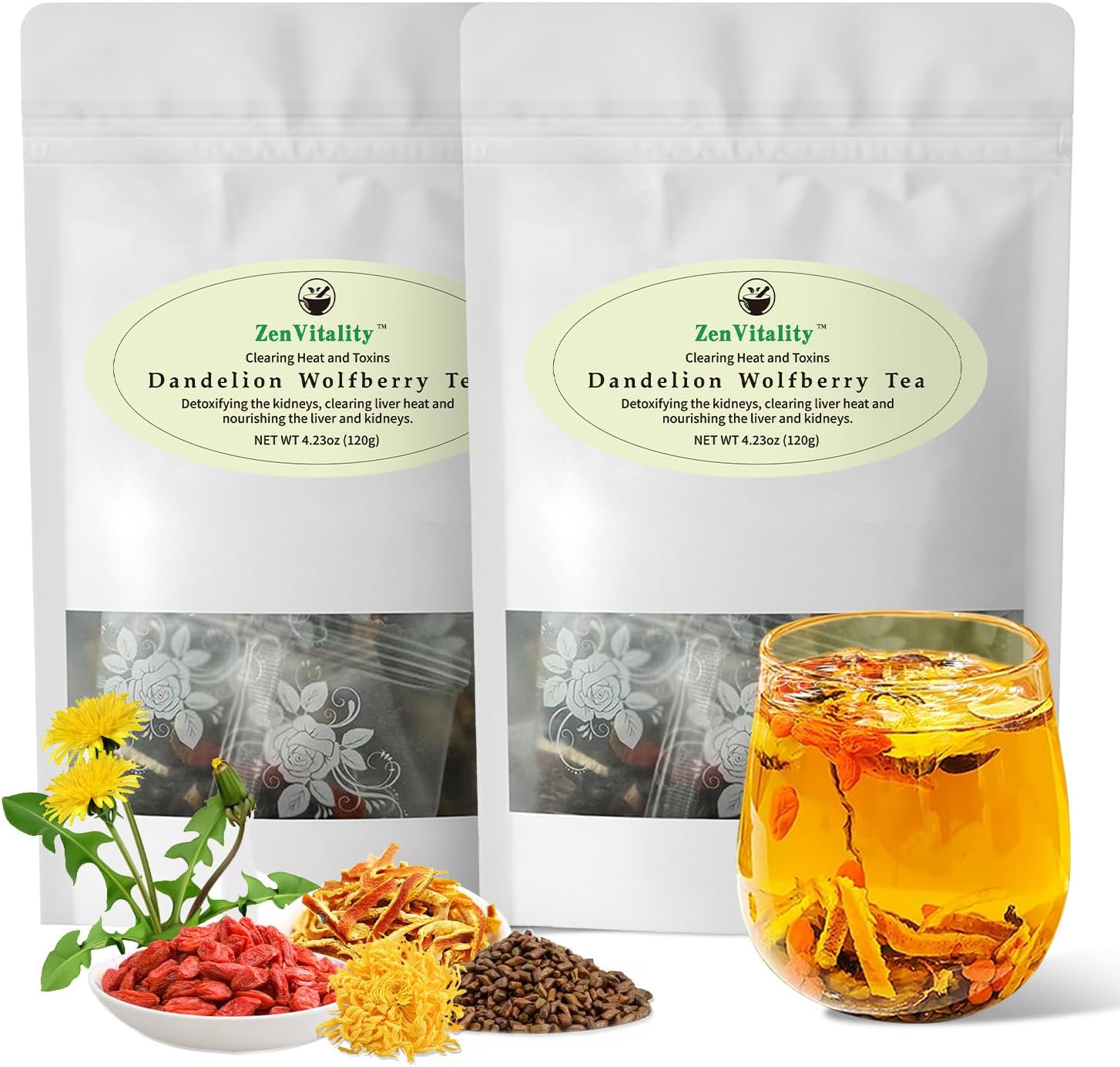 ZenVitality® Dandelion Wolfberry Tea Organic 240g/24 Bags Kidneys & Liver Health, Eye Health & Digestion Tea Cassia Seed, goji berry, Chrysanthemum, Gardenia, Orange Peel, Dandelion Root Tea