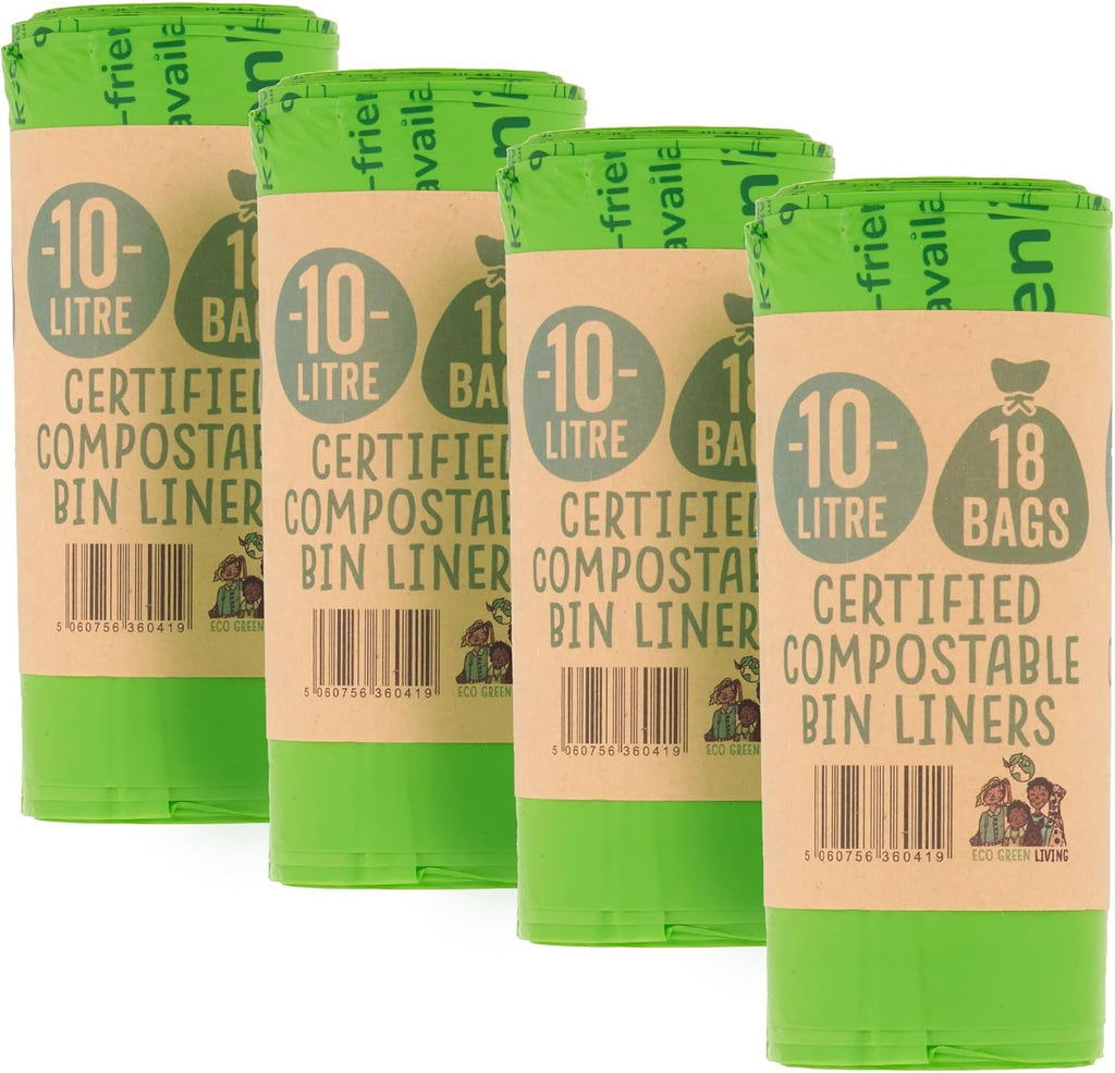 Eco Green Living 10 Litre Compostable Bin Liners, Plastic Free & Recyclable Caddy Bags for Food Waste, Leak Resistant Small Bin Liners, 51 x 82 cm, 72 Bags - Quad Pack