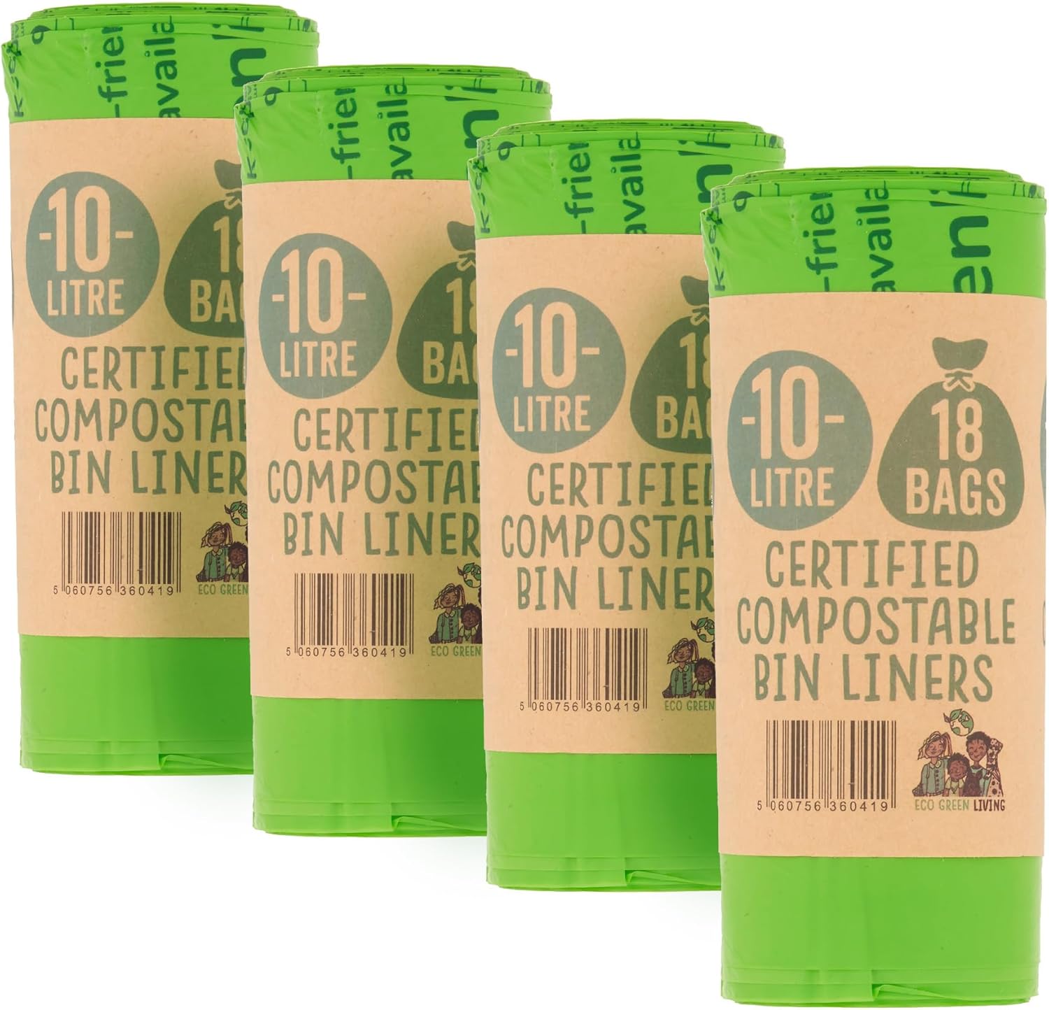 Eco Green Living 10 Litre Compostable Bin Liners, Plastic Free & Recyclable Caddy Bags for Food Waste, Leak Resistant Small Bin Liners, 51 x 82 cm, 72 Bags - Quad Pack