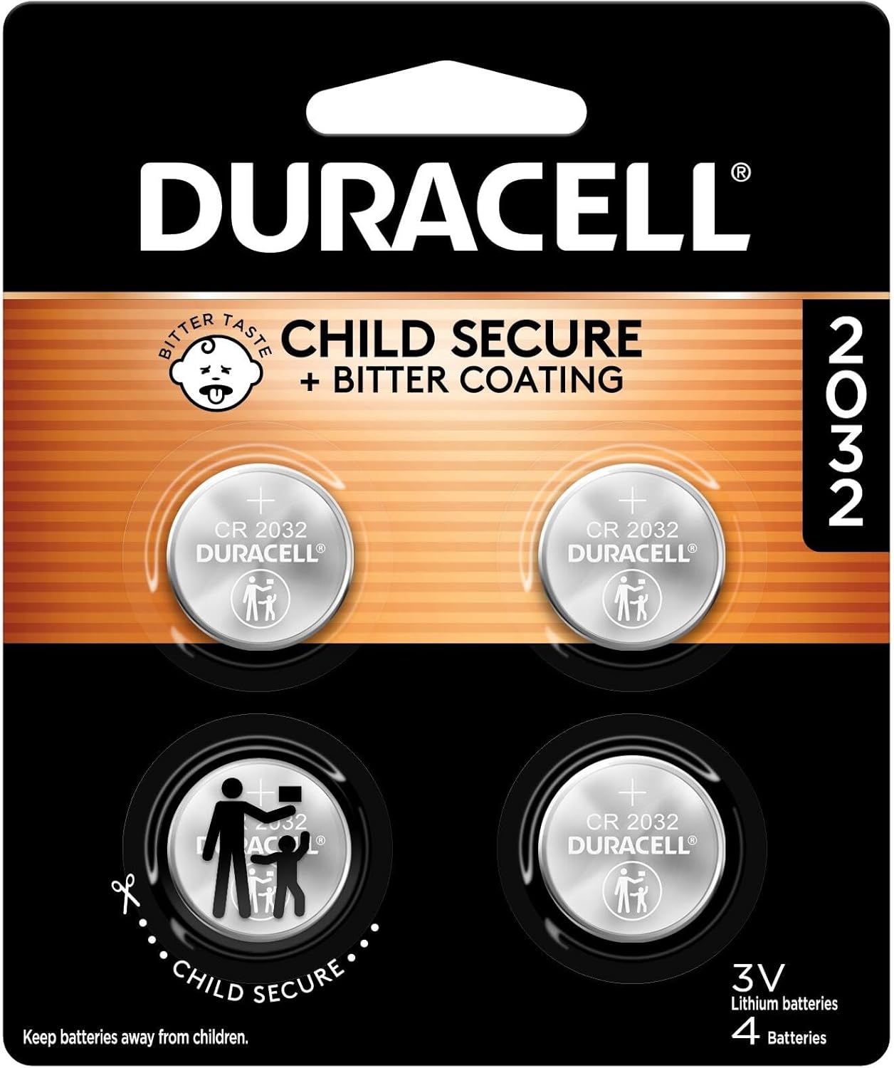 Duracell 2032 Lithium Battery, 4 Count (Pack of 1), Child Safety Features, Compatible with Key Fob, Tea Light Candles and Other Devices, CR2032 Battery
