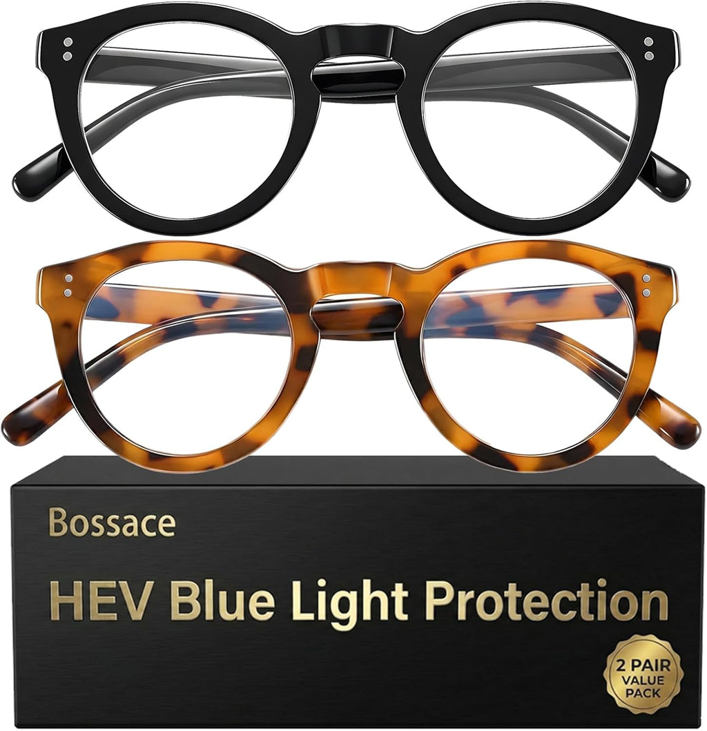 2 Pack Round Blue Light Glasses for Women, TR90 Computer Glasses with Spring Hinge for All-Day Comfort, Anti UV Glare & Eyestrain